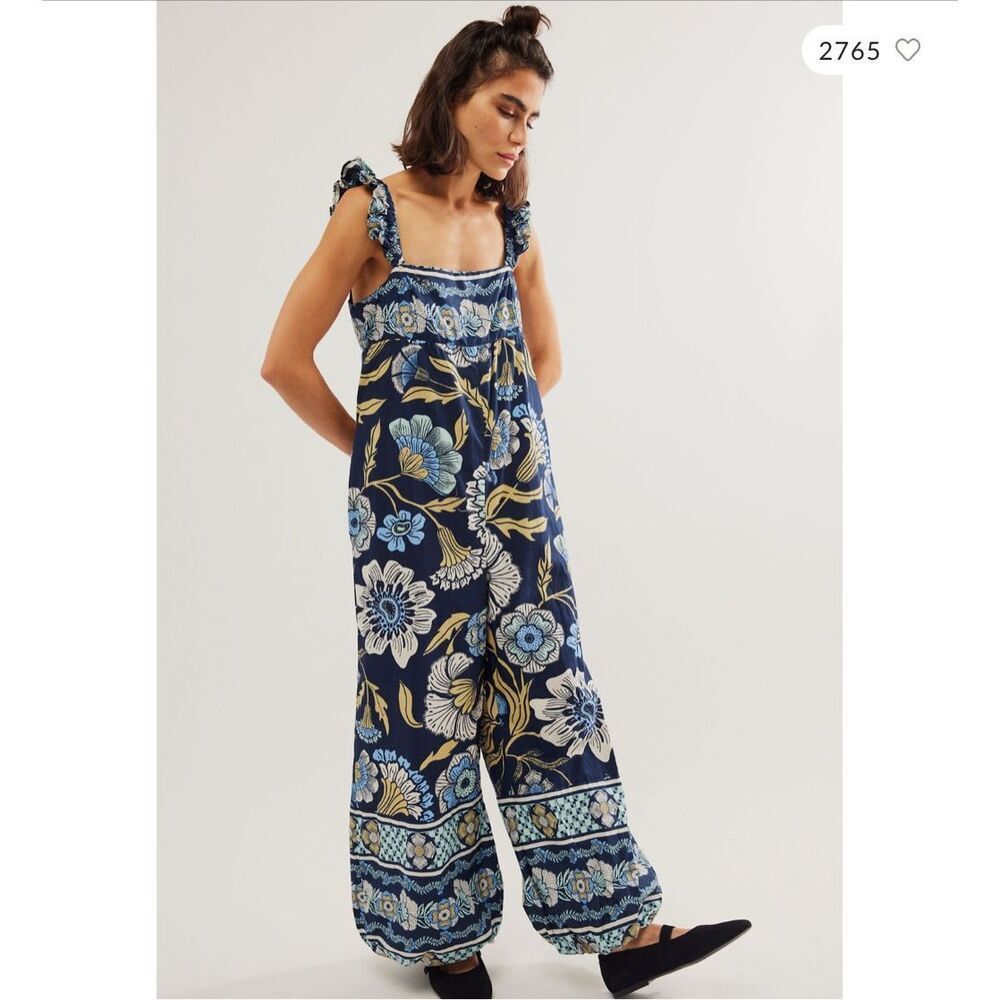 Free People Navy Blue Floral Wide-Leg Jumpsuit Bali small - Picture 2 of 9
